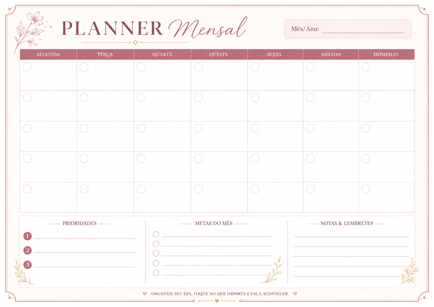 Planner mensal elegante e minimalista Rosa
