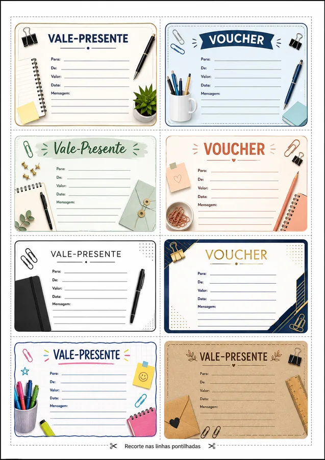 Vales-presente coloridos para imprimir em folha A4