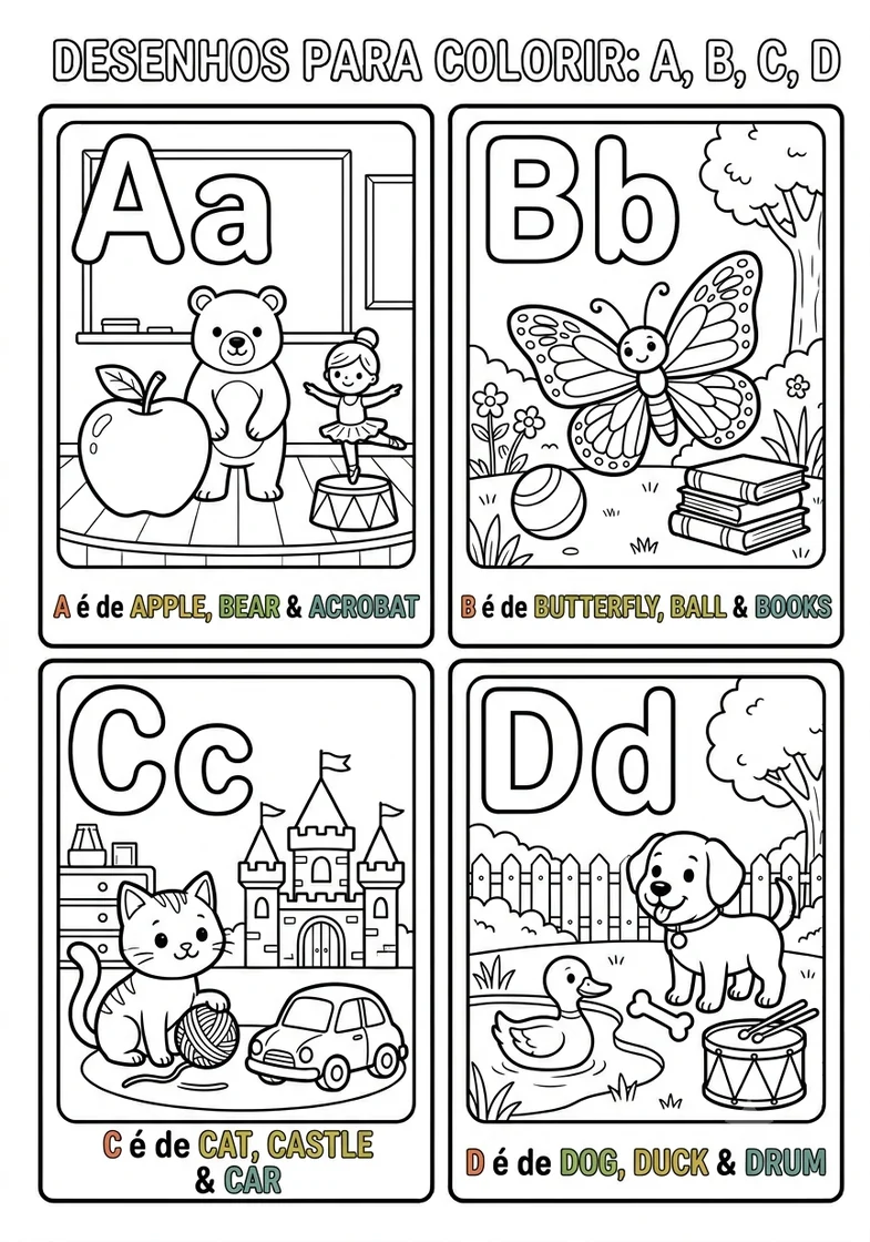 Desenhos do alfabeto A B C D com animais para colorir