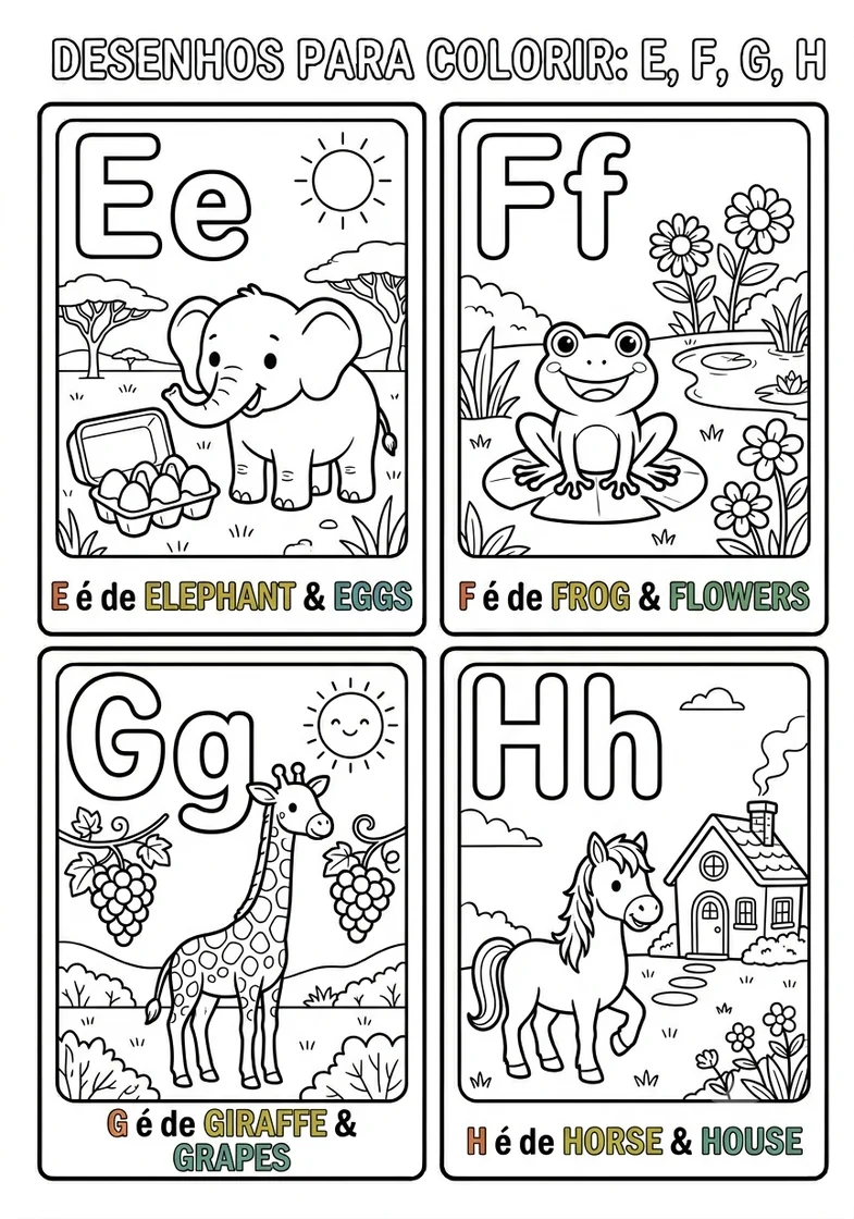 Desenhos do alfabeto E F G H com animais para colorir