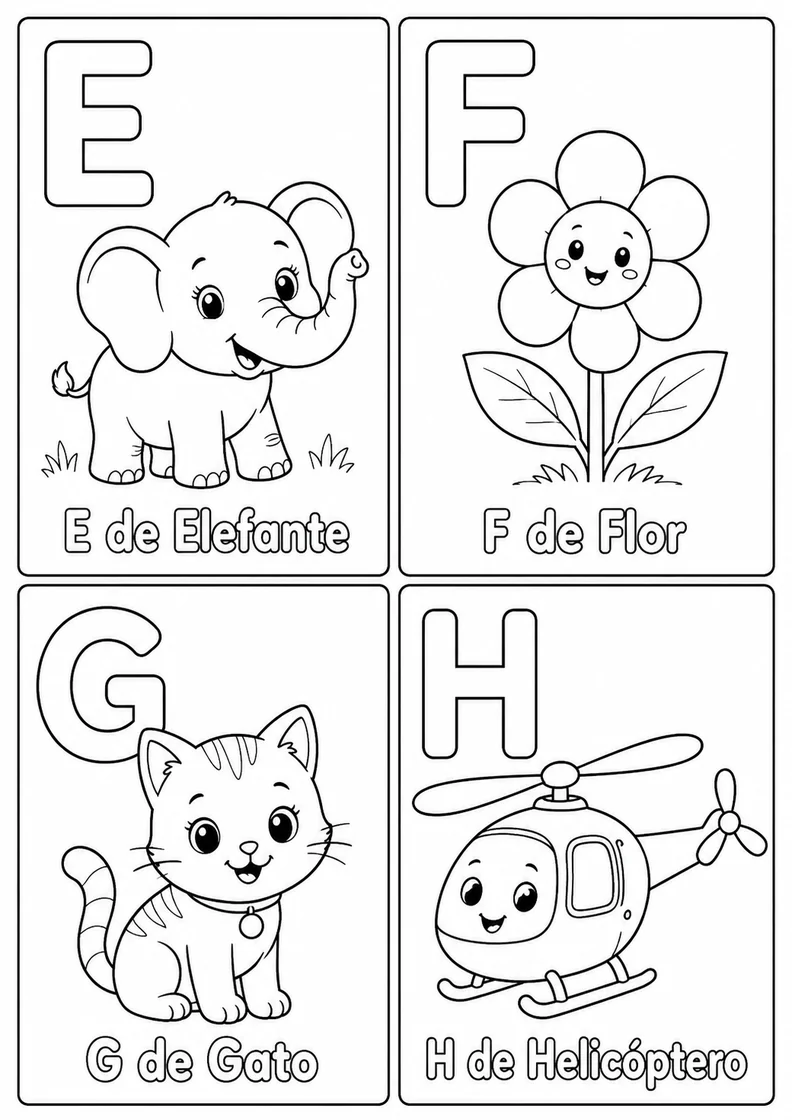 Desenhos do alfabeto E F G H em português para colorir