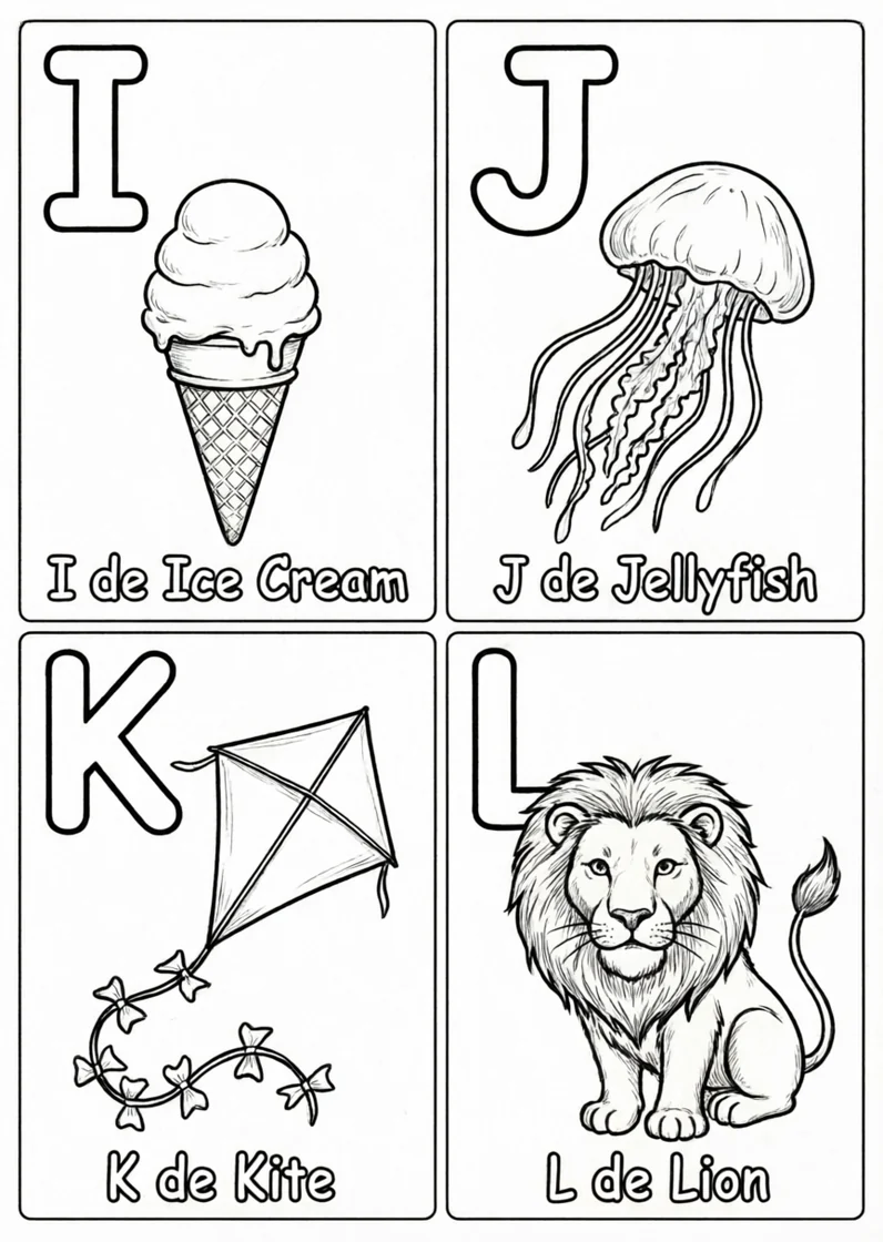 Desenhos do alfabeto inglês I J K L para colorir