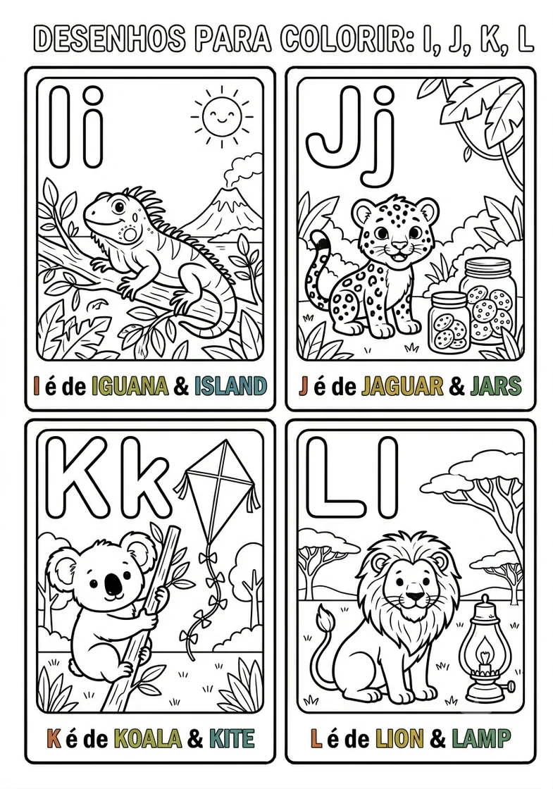 Desenhos do alfabeto I J K L com animais para colorir