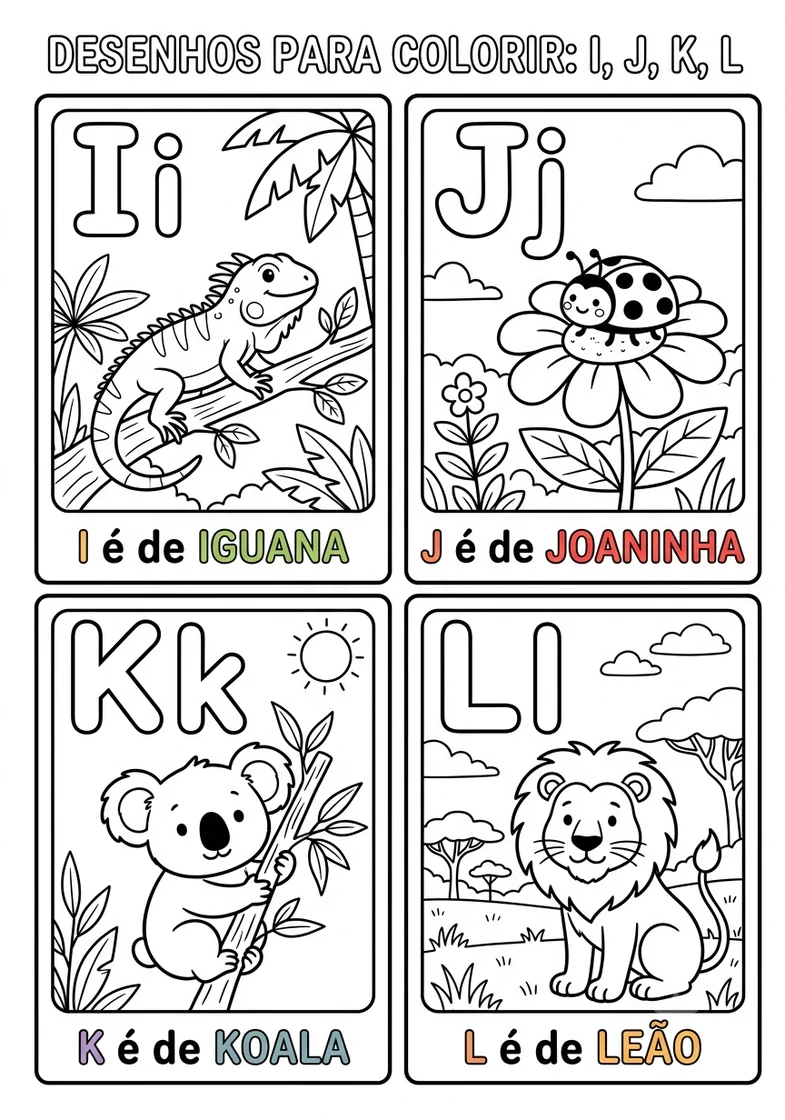 Desenhos do alfabeto I J K L em português para colorir