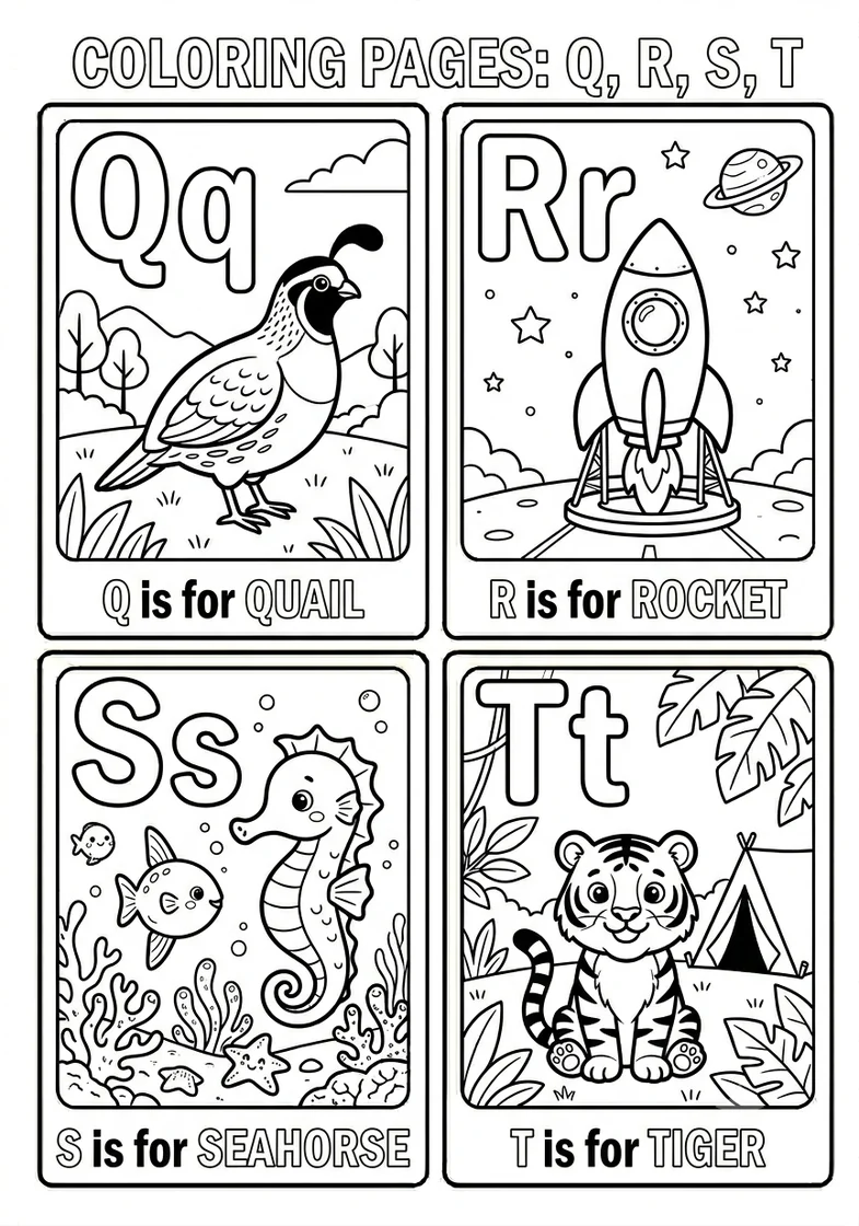 Desenhos do alfabeto inglês Q R S T para colorir