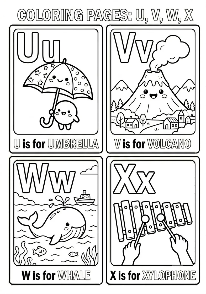 Desenhos do alfabeto inglês U V W X para colorir