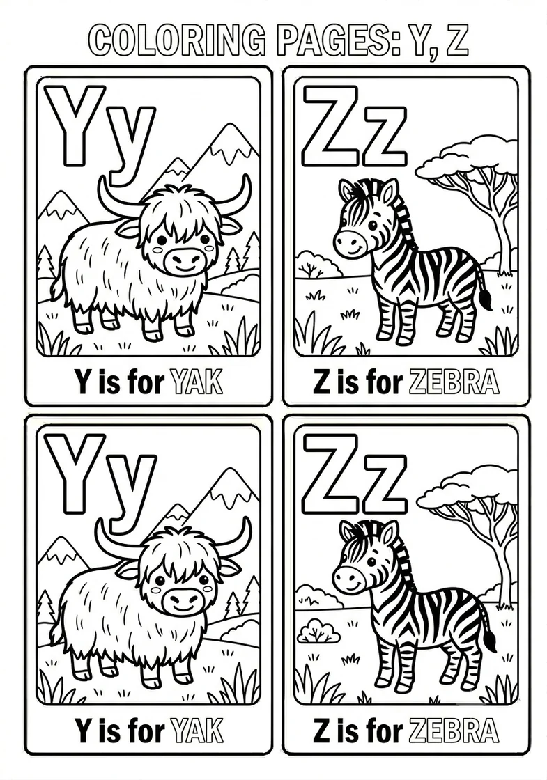 Desenhos do alfabeto inglês Y e Z com Yak e Zebra para colorir