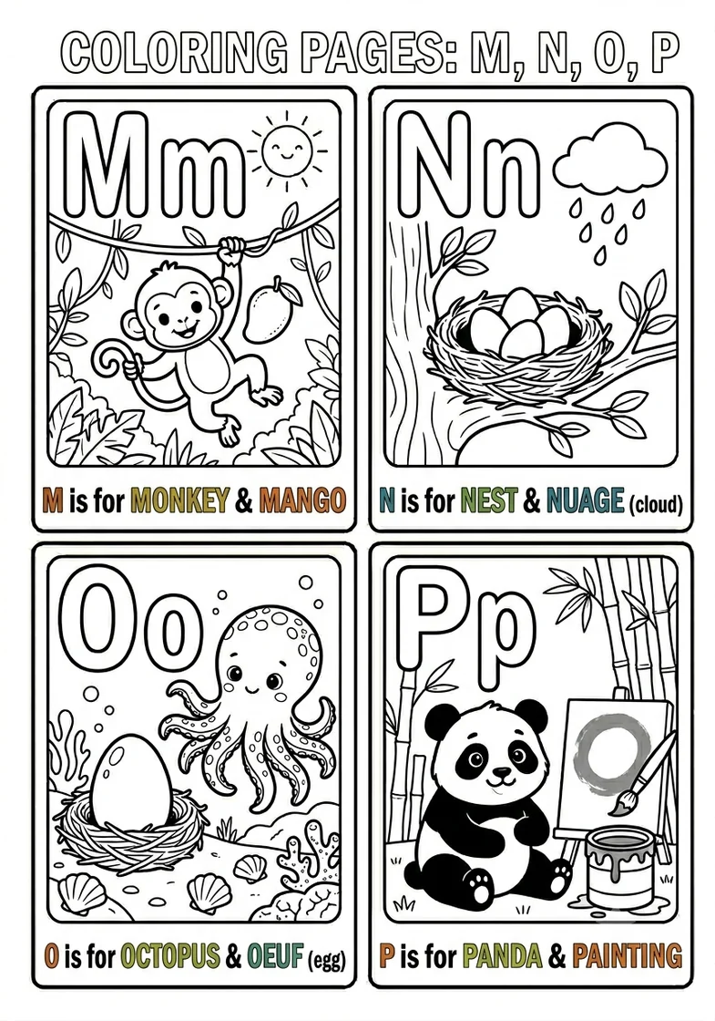 Desenhos do alfabeto inglês M N O P para colorir