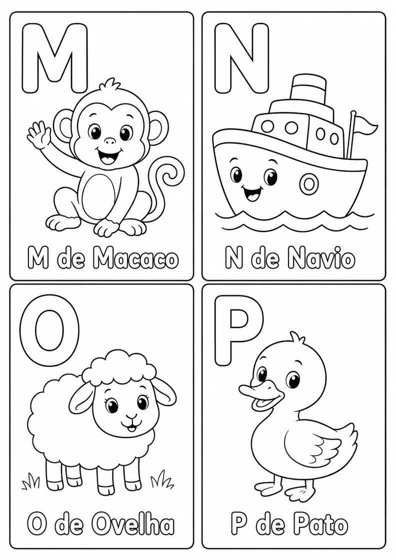 Desenhos do alfabeto M N O P em cartões para colorir