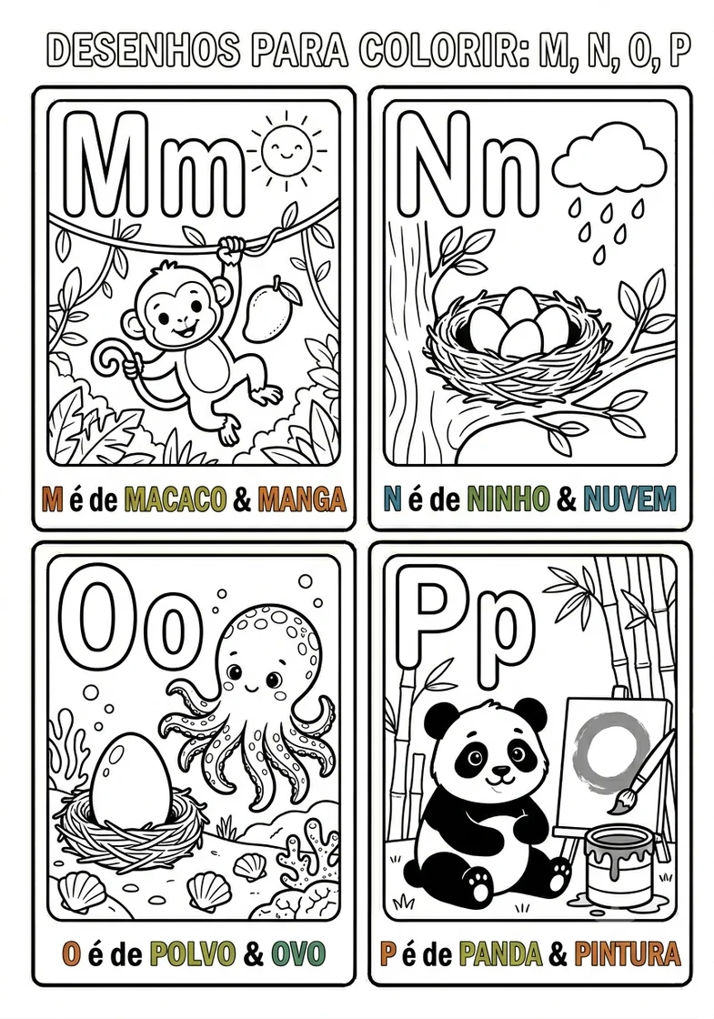 Desenhos do alfabeto M N O P em português para colorir