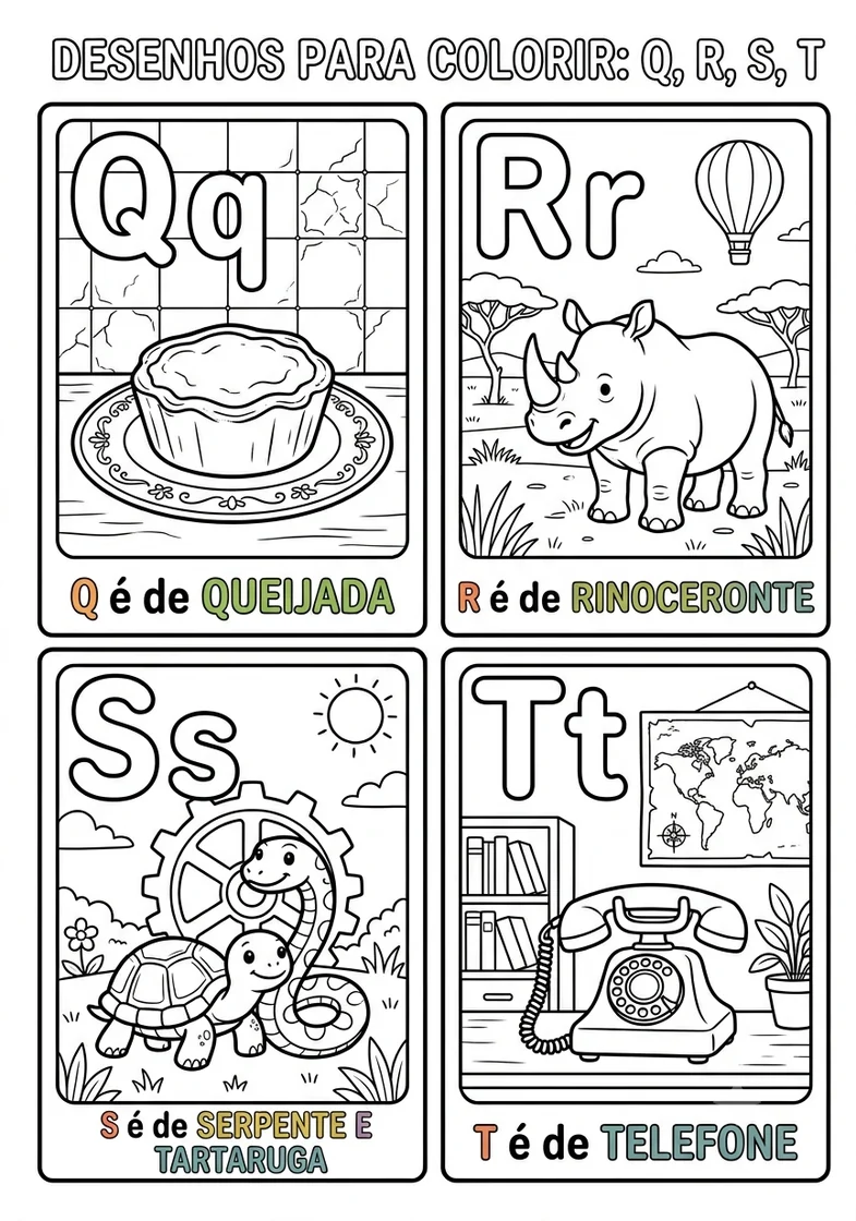 Desenhos do alfabeto Q R S T em português para colorir