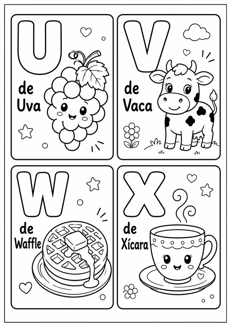 Desenhos do alfabeto U de Uva V de Vaca W de Waffle X de Xícara