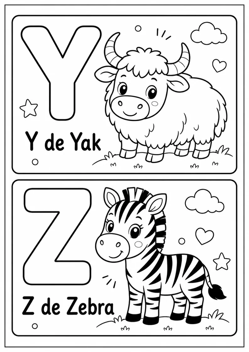 Desenho do alfabeto Y de Yak e Z de Zebra para colorir