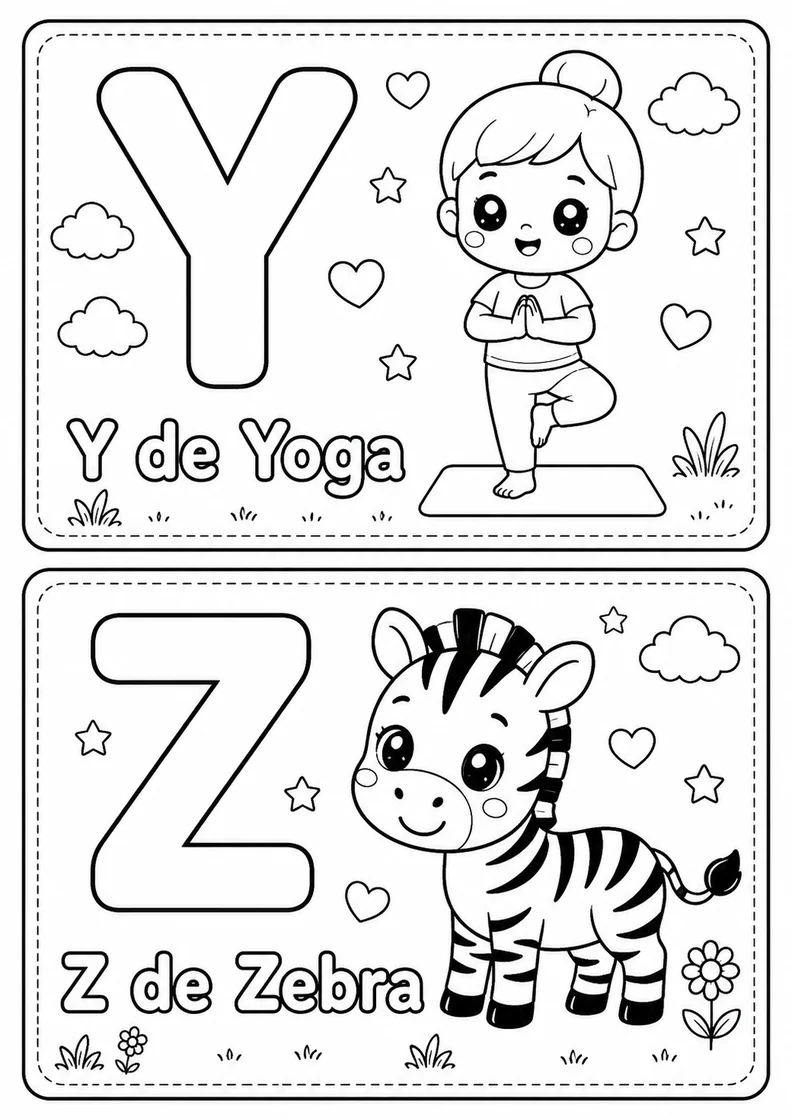 Desenho do alfabeto Y de Yoga e Z de Zebra para colorir