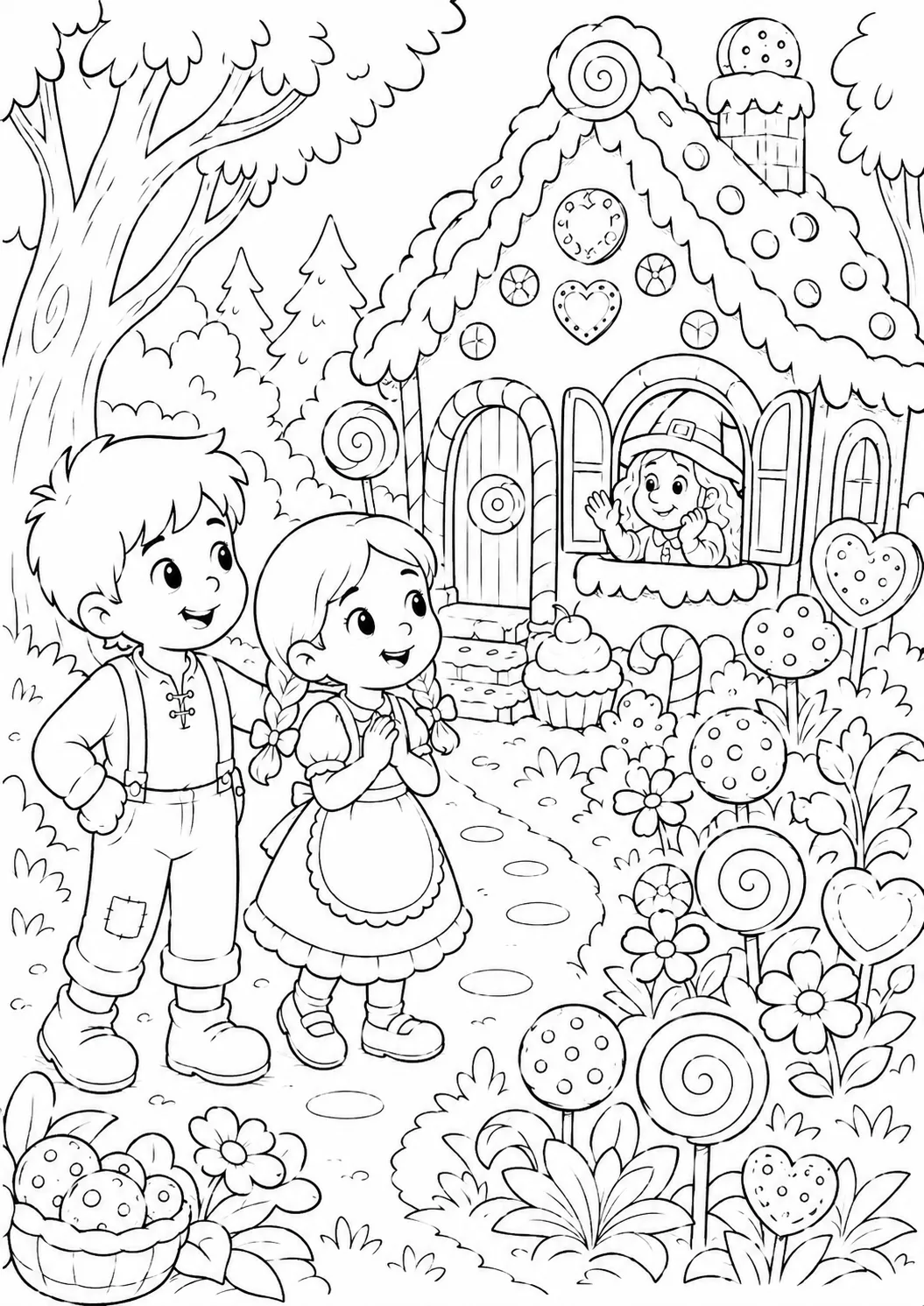 Desenho Para Colorir Crianças Na Floresta E Doces Imprimir A4 para imprimir