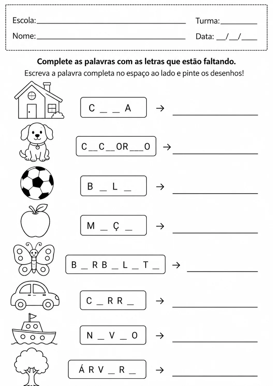 Desenhos E Atividade Educacional Complete As Palavras para imprimir