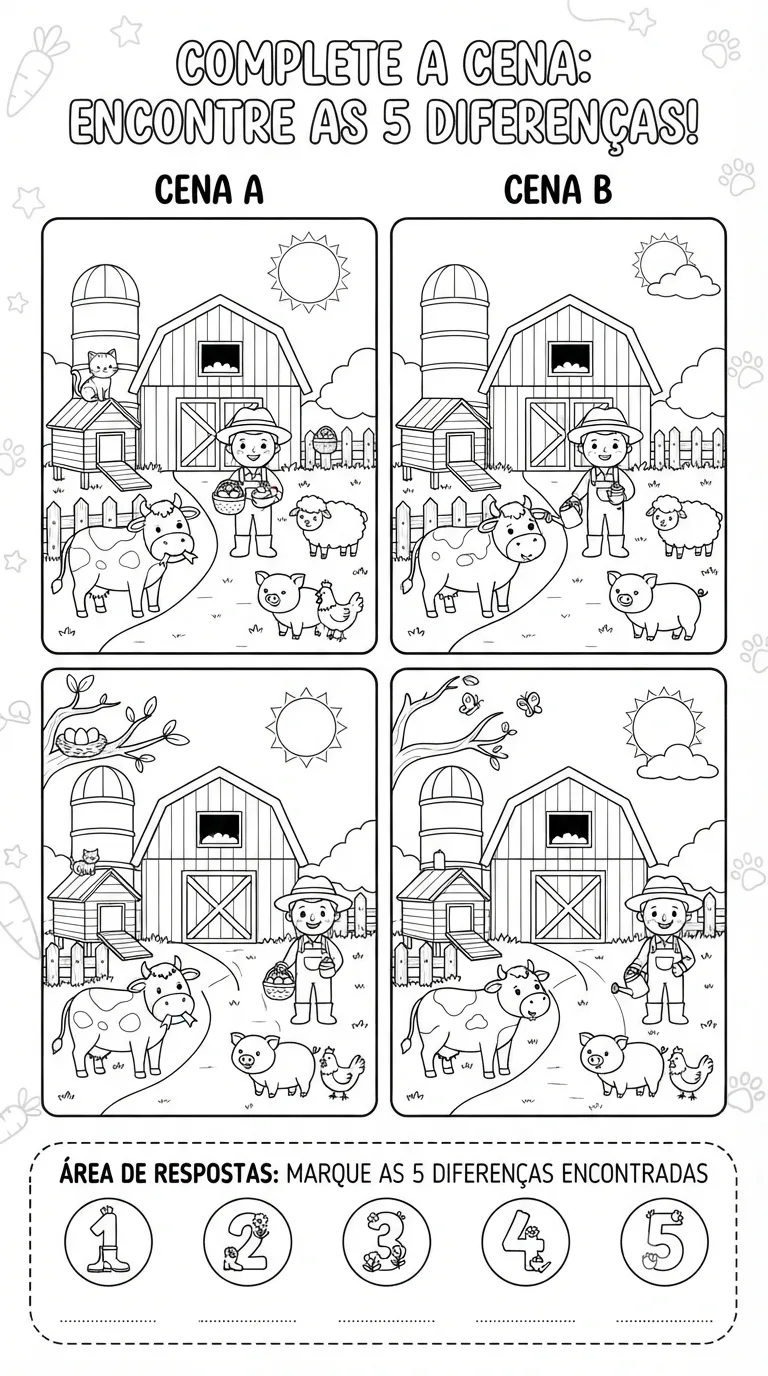 Desenho Atividade Encontre As Diferenças Animais Da Fazenda Para Imprimir A4 para imprimir