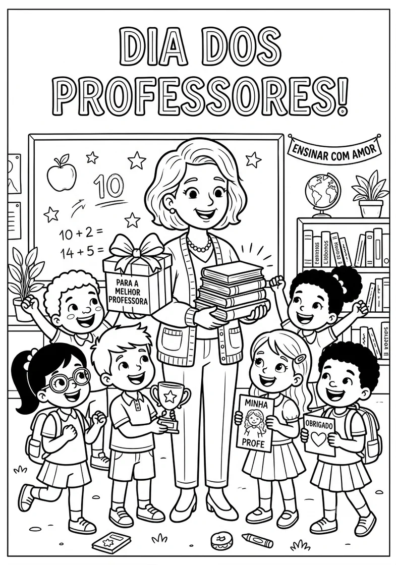Desenho Dia dos Professores com professora e alunos para colorir