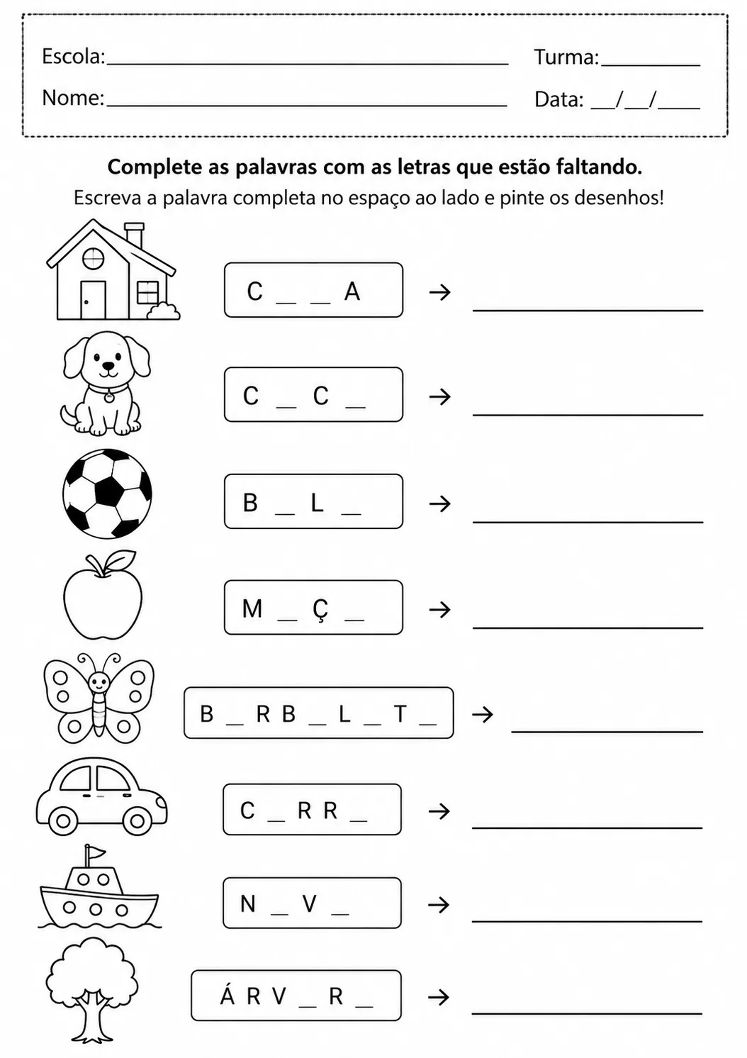 Desenhos E Atividade Educacional Para Escola Complete As Palavras para imprimir