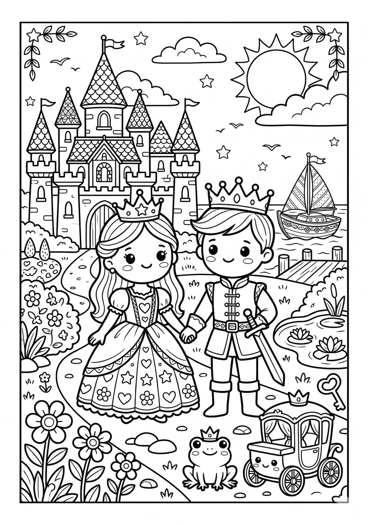 Desenho de príncipe e princesa no castelo para colorir