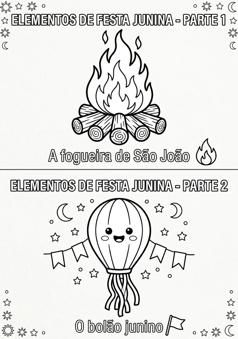 Desenho de elementos de Festa Junina com fogueira e balão para colorir