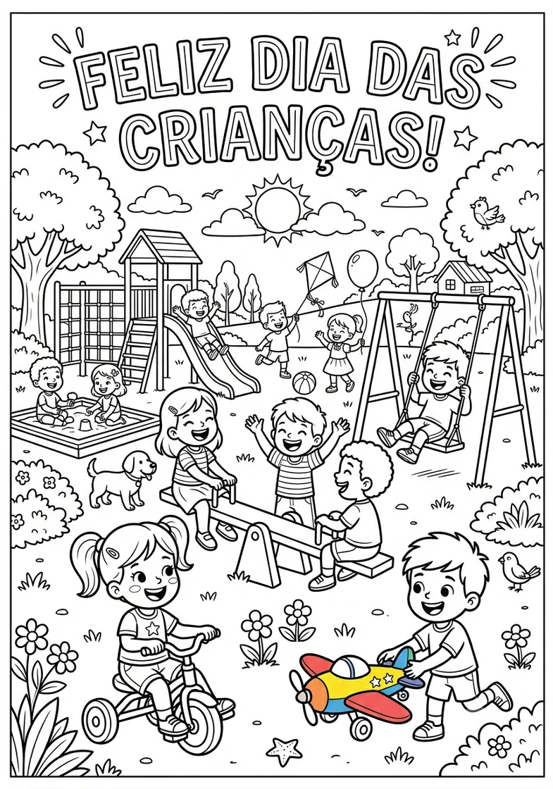 Desenho Feliz Dia das Crianças com parque e crianças para colorir