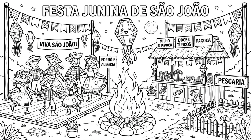 Desenho Festa Junina completo com barraca, pescaria e fogueira para colorir