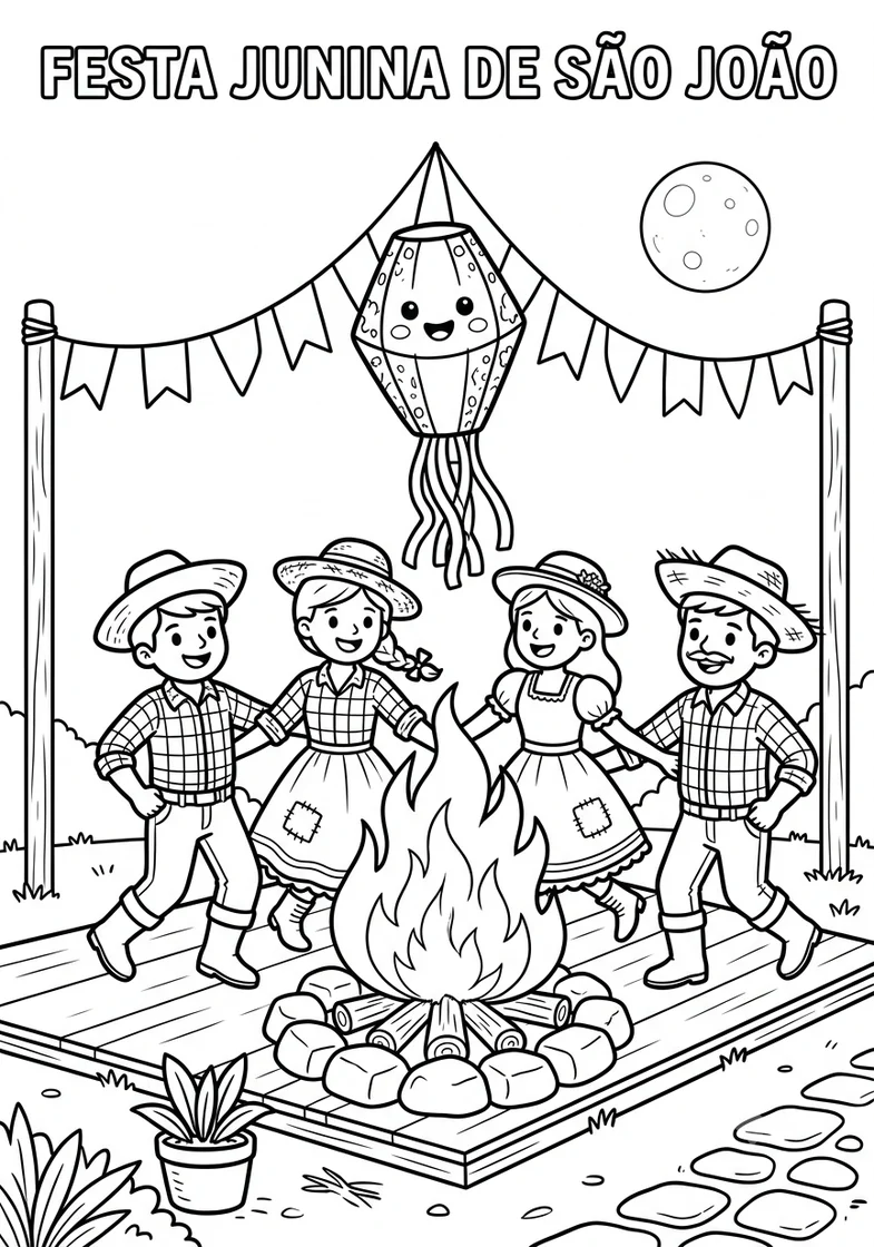 Desenho Festa Junina de São João com fogueira para colorir