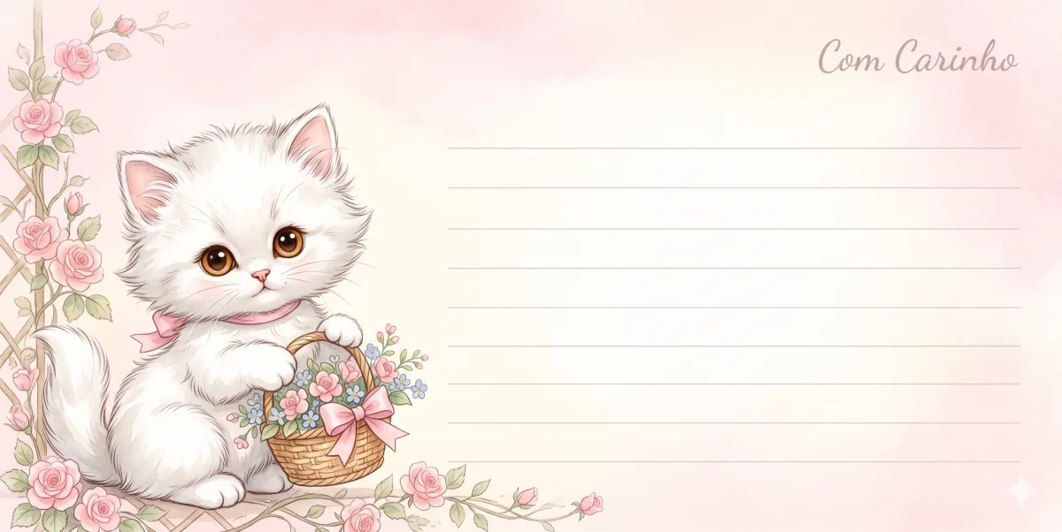Desenho Papel Com Gatinha Branca E Cesto De Flores para imprimir