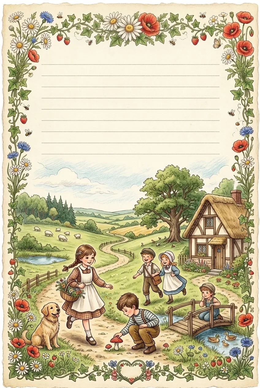 Desenho Papel De Carta Crianças No Campo para imprimir