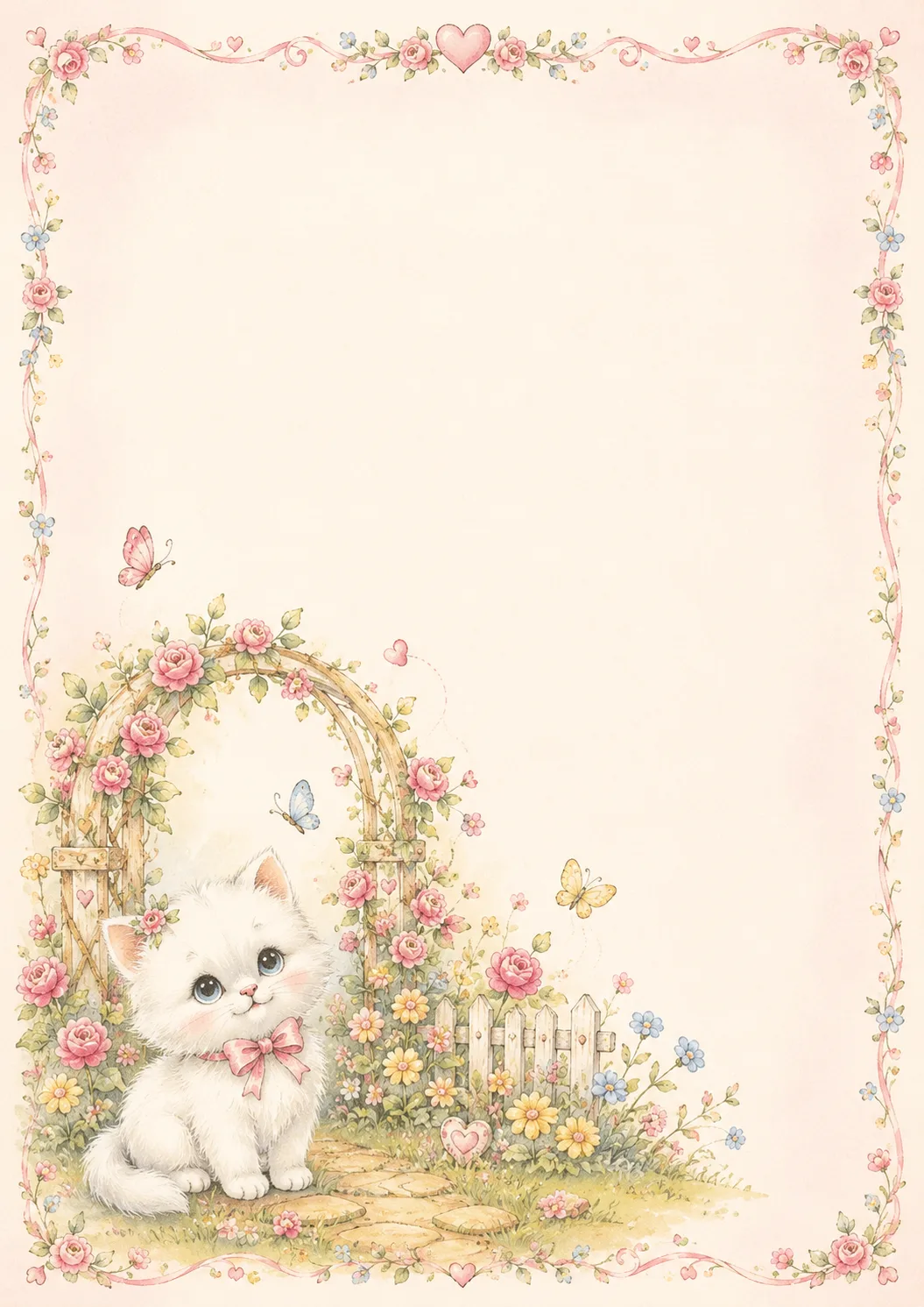 Desenho Papel De Carta Gatinha Branca E Arco De Flores para imprimir