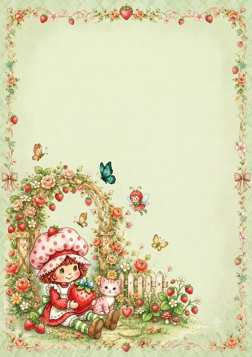 Desenho Papel De Carta Gatinha E Flores E Morango para imprimir