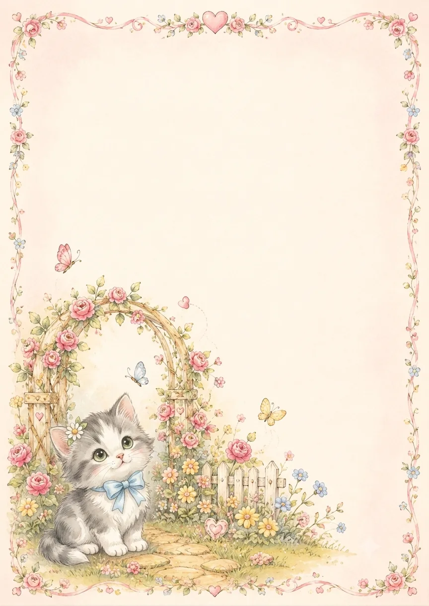 Desenho Papel De Carta Gatinha E Flores Rosa para imprimir