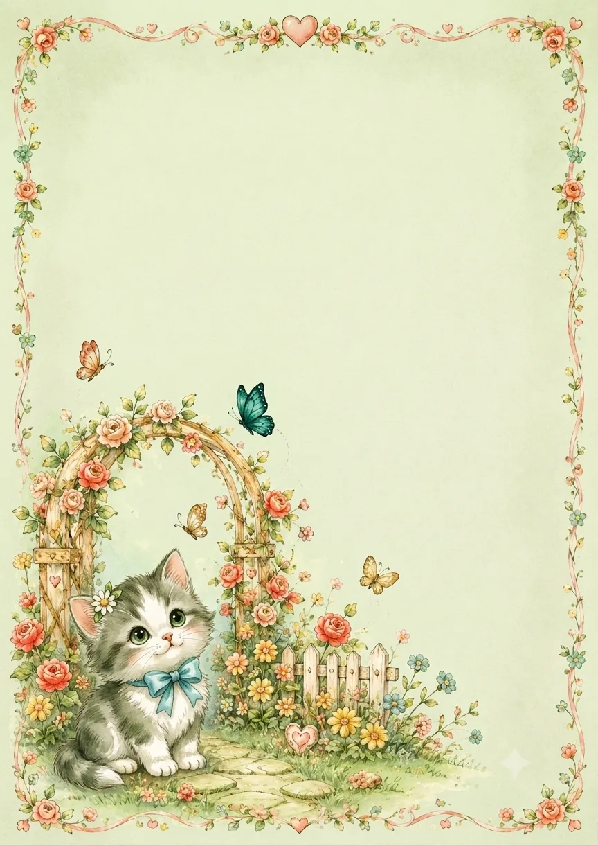 Desenho Papel De Carta Gatinha E Flores Verde para imprimir