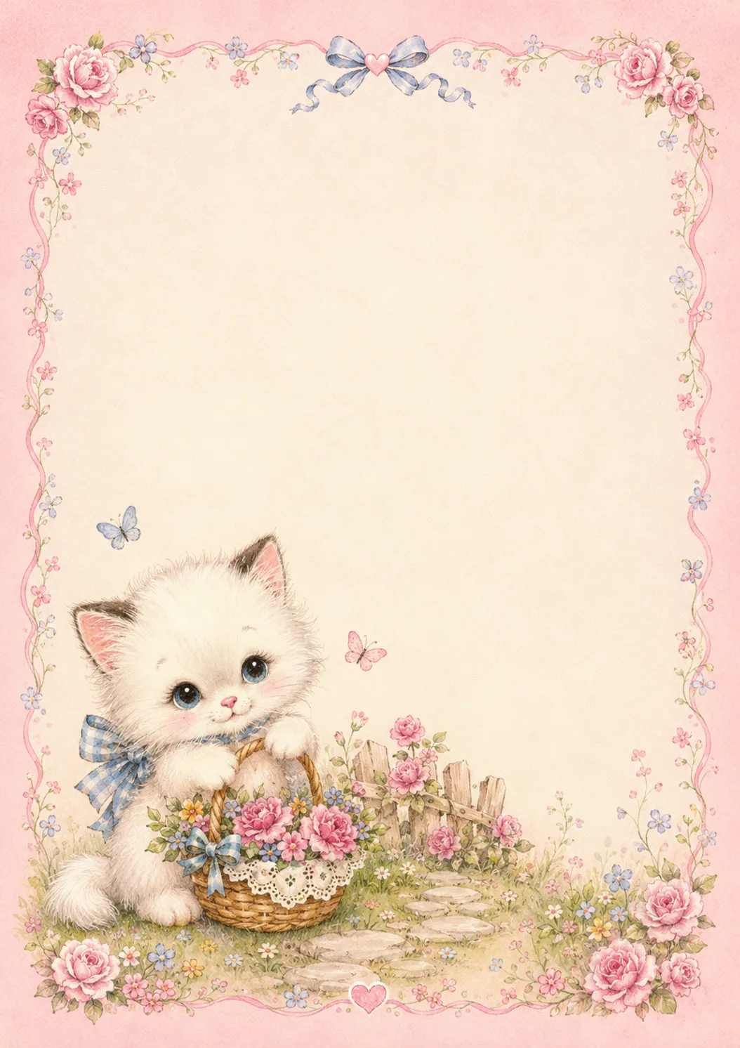 Desenho Papel De Carta Gatinha Rosa Com Flores para imprimir