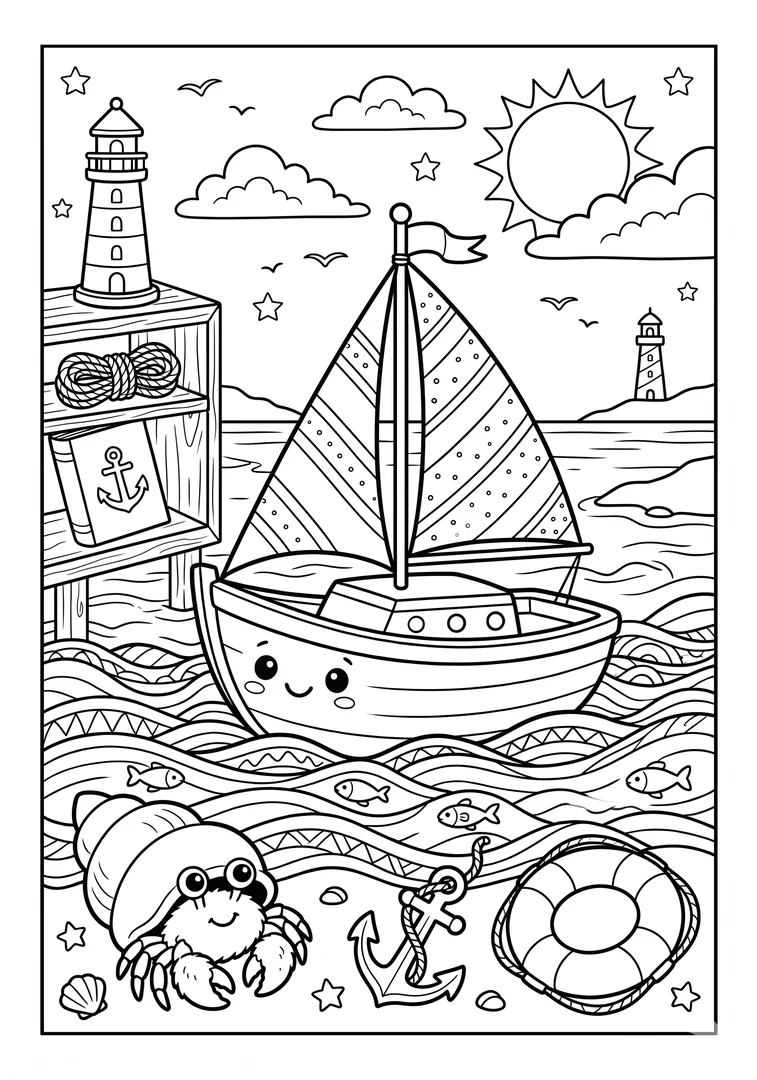 Desenho de barco no mar para colorir