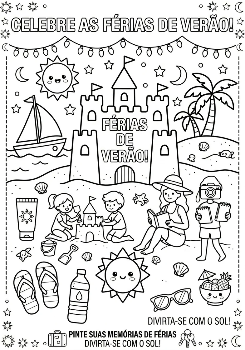 Desenho Celebre as Férias de Verão com castelo de areia para colorir
