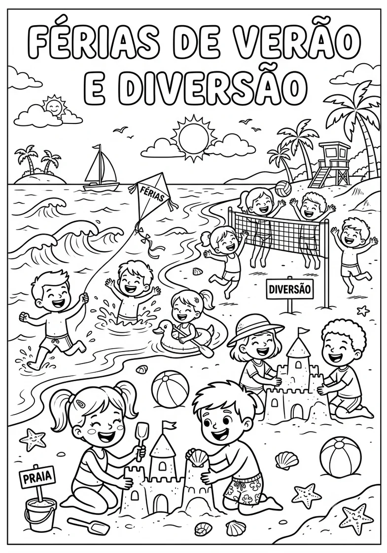 Desenho Férias de Verão e Diversão na praia para colorir