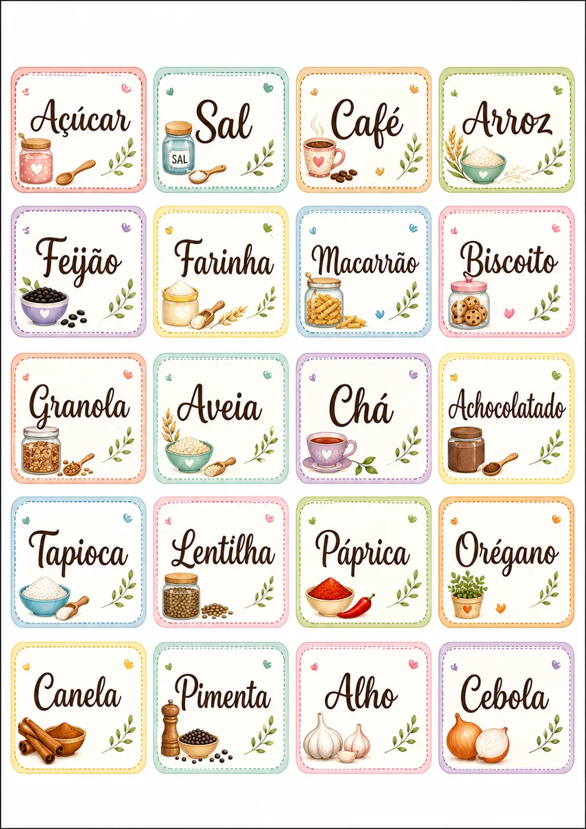 Folha A4 com etiquetas de cozinha coloridas para imprimir