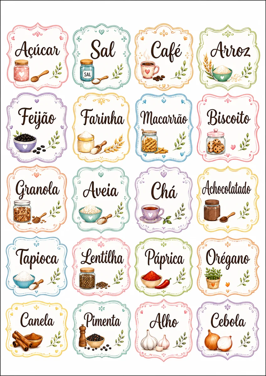 Folha A4 com etiquetas de cozinha decorativas vintage