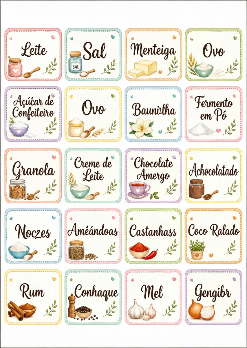 Folha A4 com etiquetas pastel para mantimentos de cozinha
