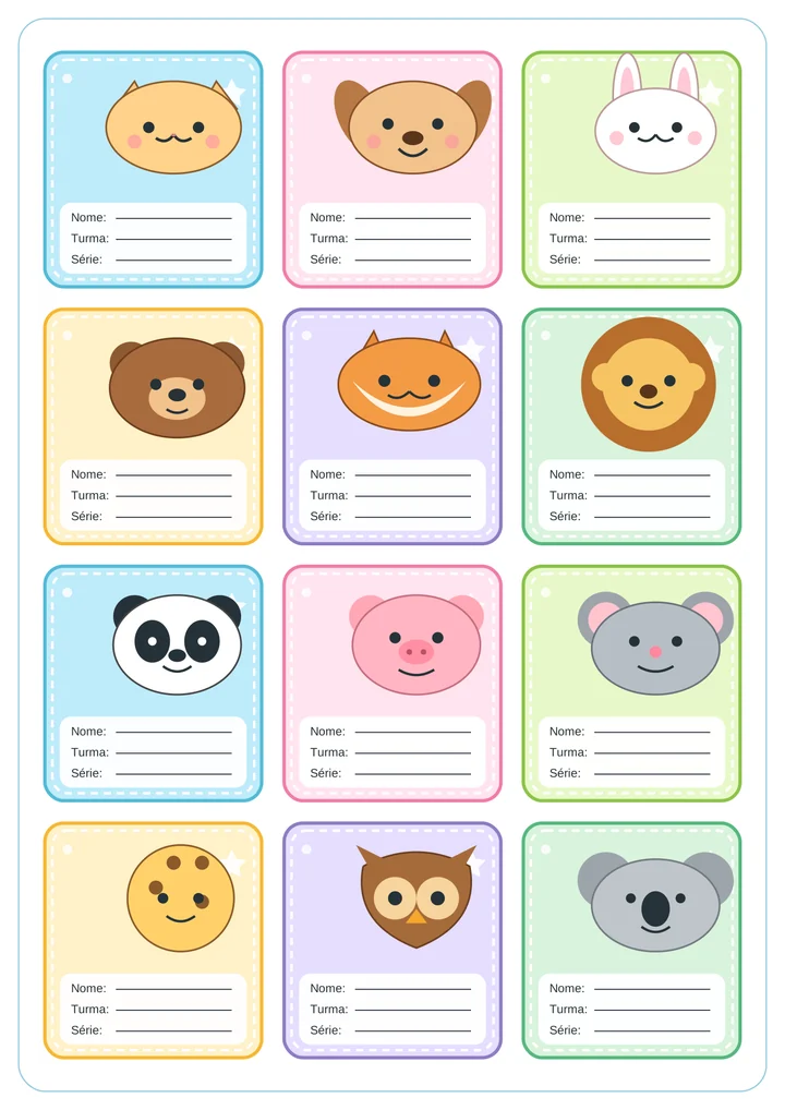 Folha A4 com doze etiquetas escolares infantis de animais para personalizar