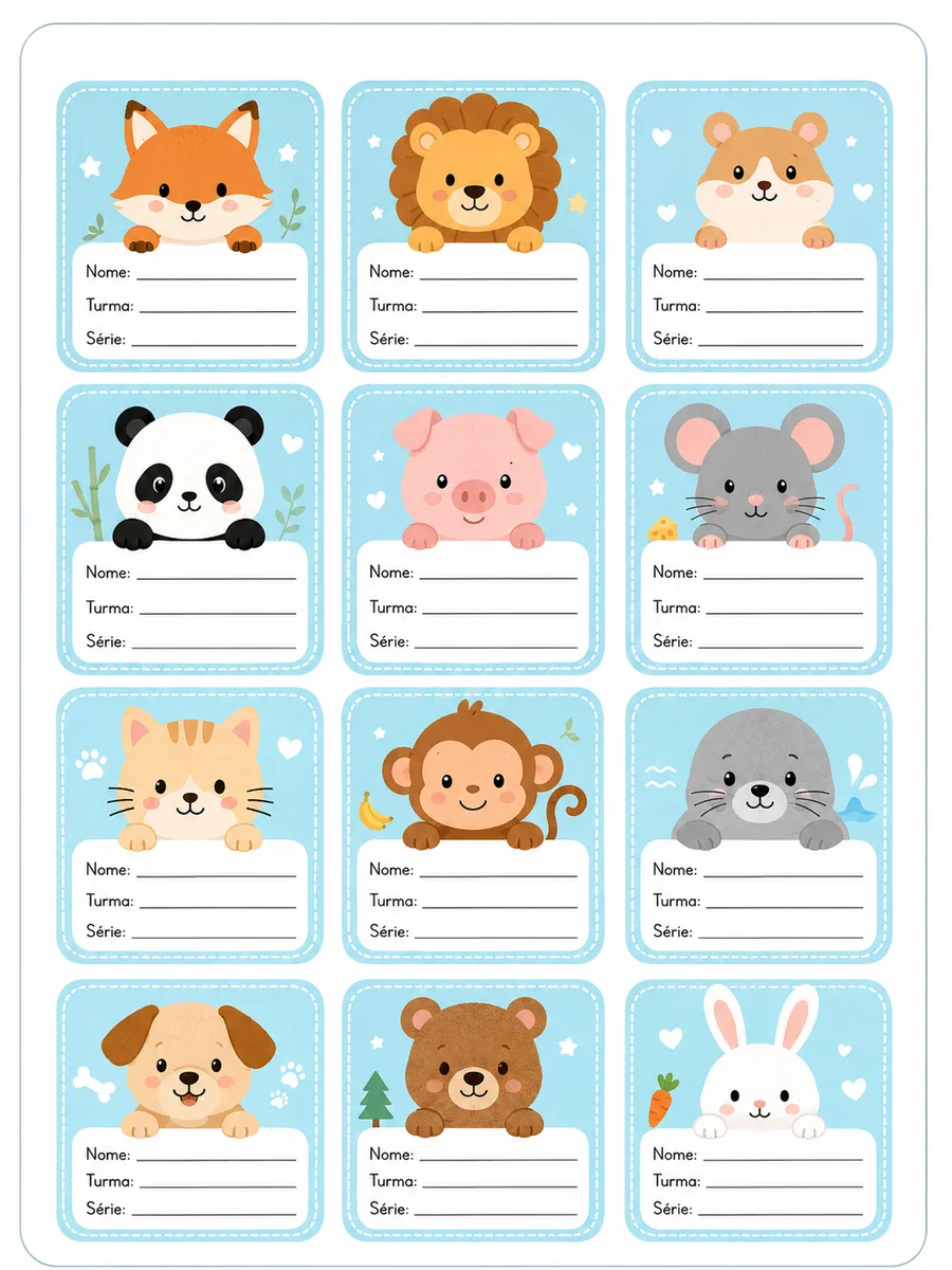 Folha A4 com etiquetas escolares de animais infantis
