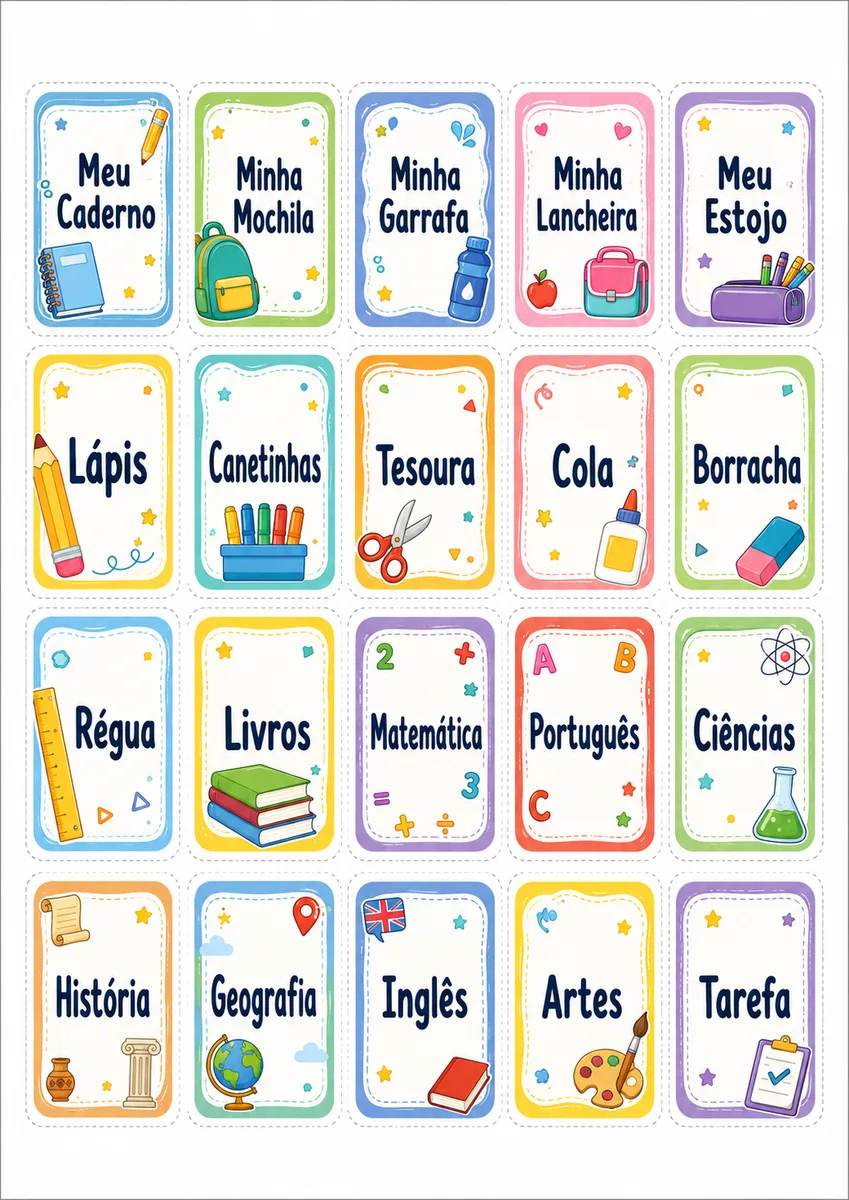 Folha A4 com etiquetas escolares coloridas para imprimir