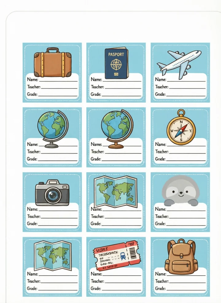 Folha A4 com etiquetas escolares tema viagem