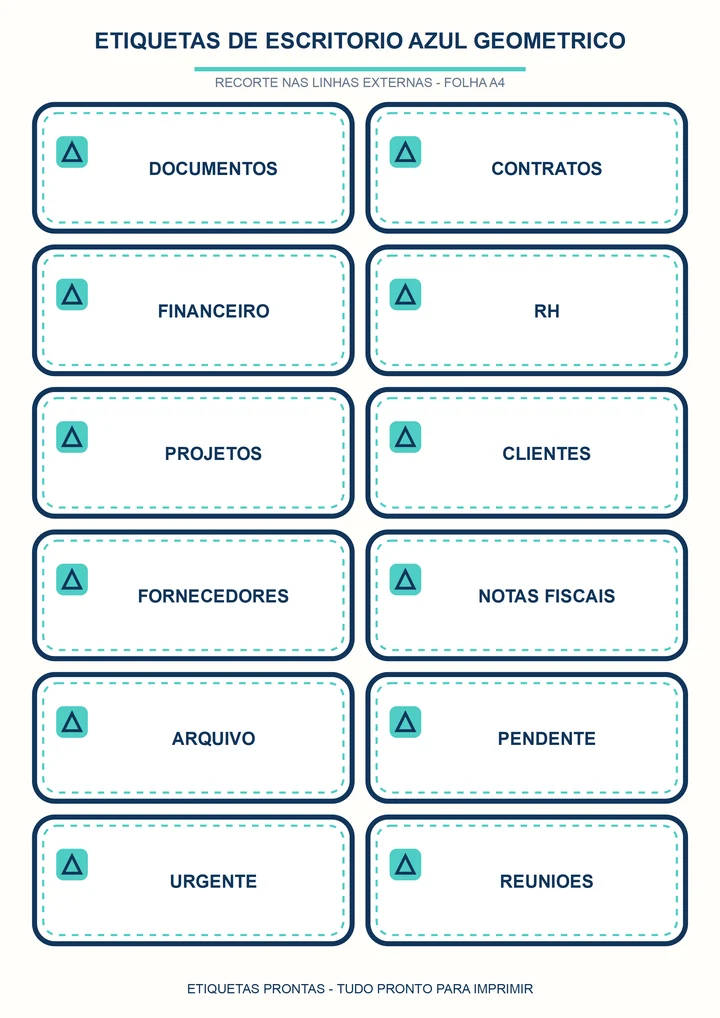 Folha A4 com etiquetas de escritório azul geométrico