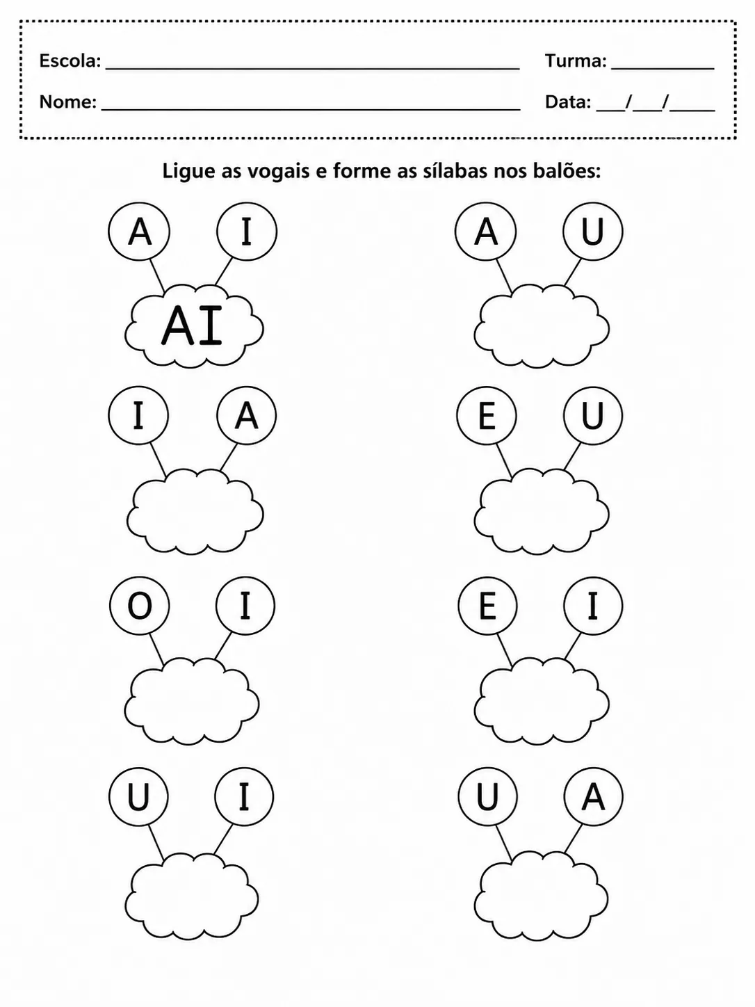 Desenhos E Atividade Educacional Para Escola Complete As Vogais para imprimir