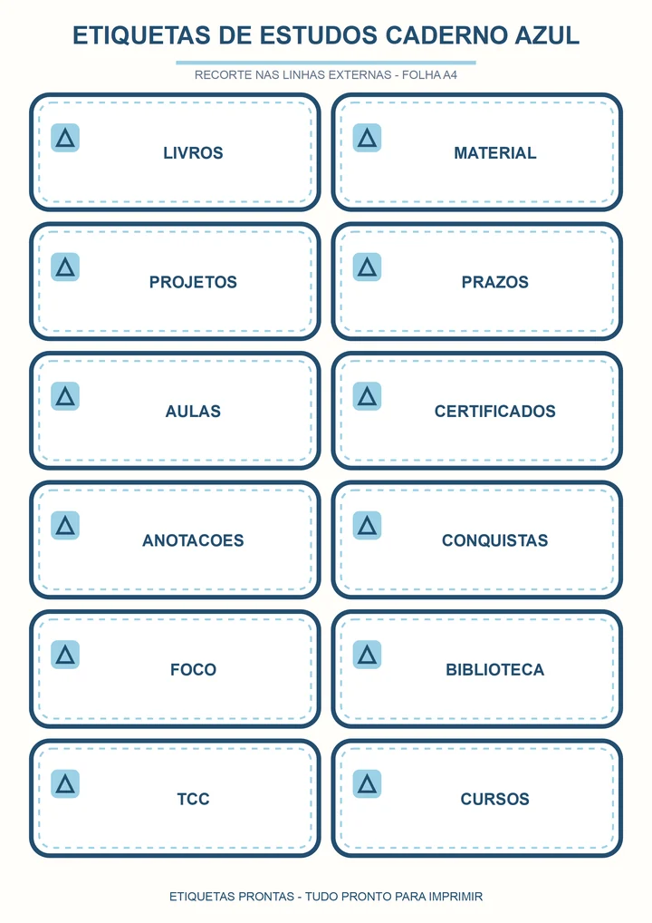 Folha A4 com etiquetas de estudos em azul