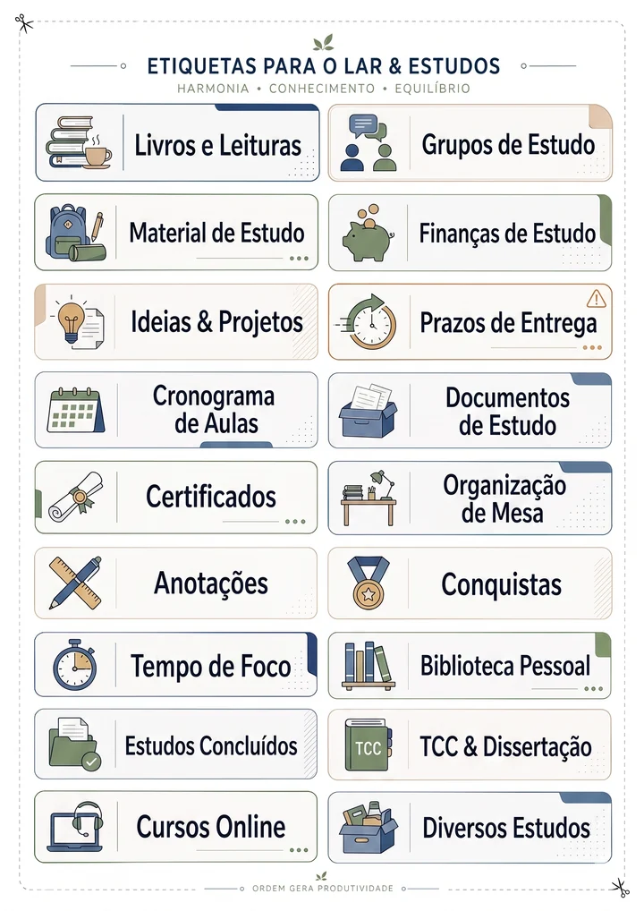 Folha A4 com etiquetas para o lar e estudos