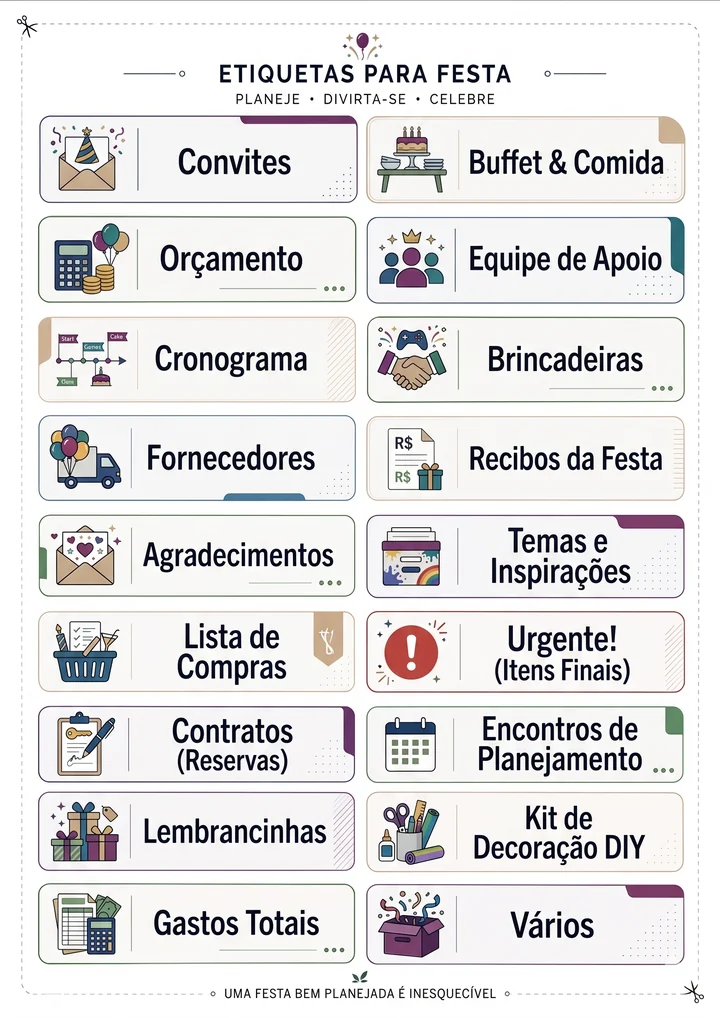 Folha A4 com etiquetas para planejamento de festa
